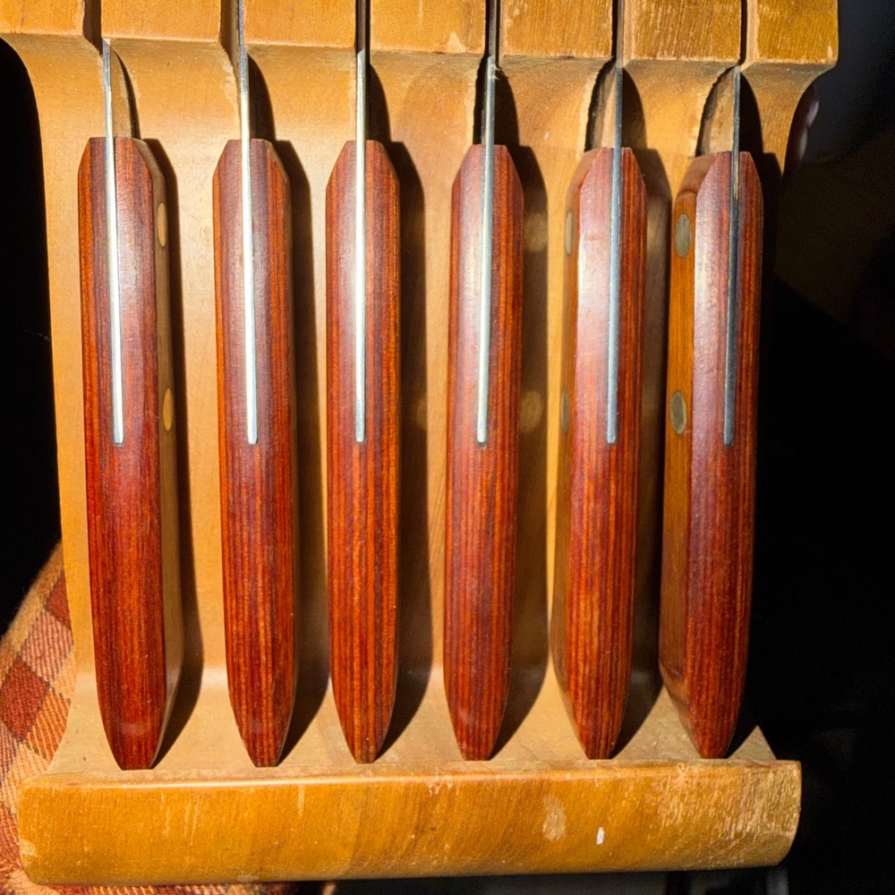 VTG EKCO Flint Steakster 6 Piece Steak Knife Set Vanadium Wood Block MCM FLAW